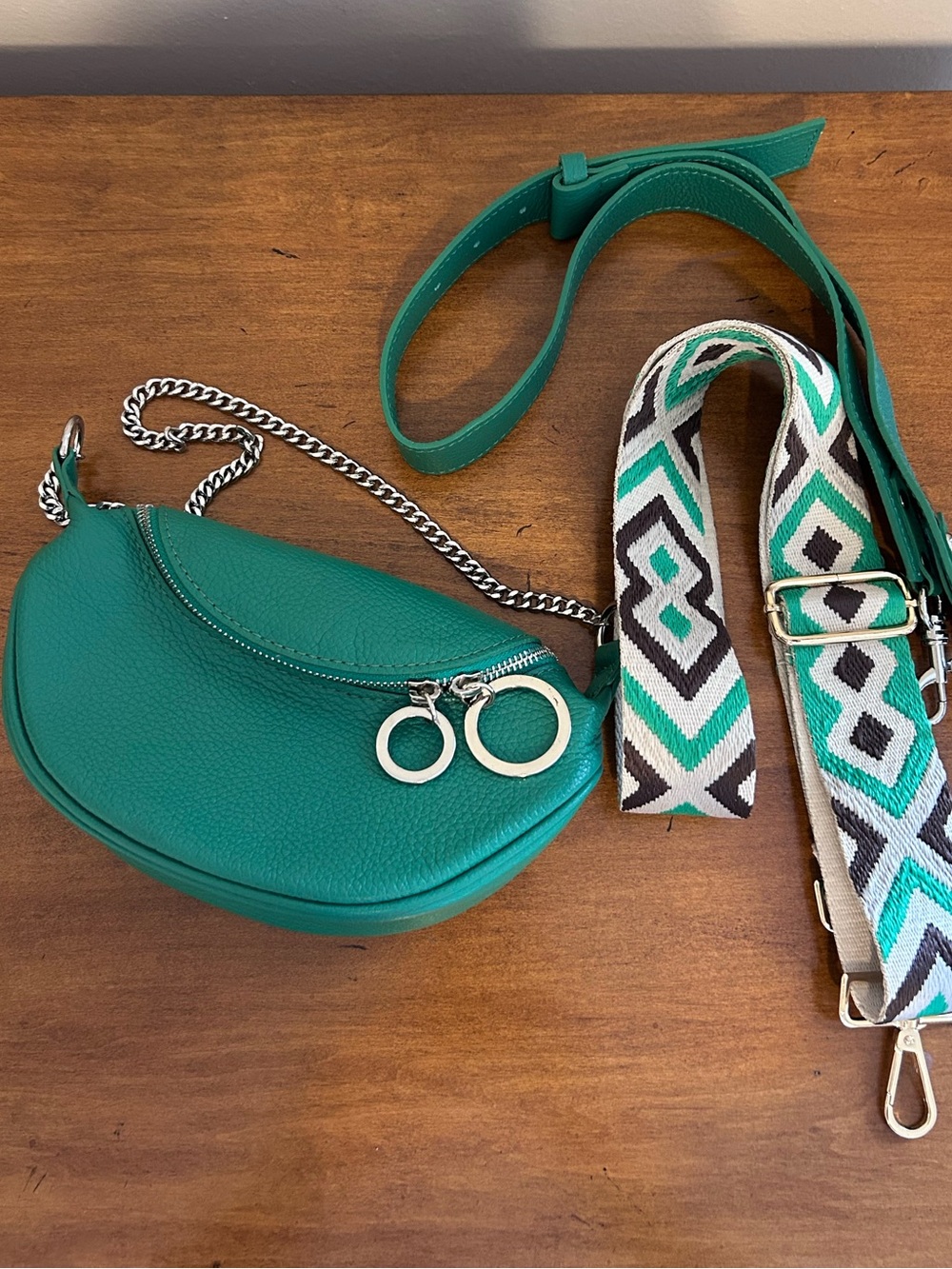 Teal Pebbled Leather Crescent Crossbody with Silver Chain Detail